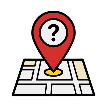 Red map marker with question mark above a stylized map grid