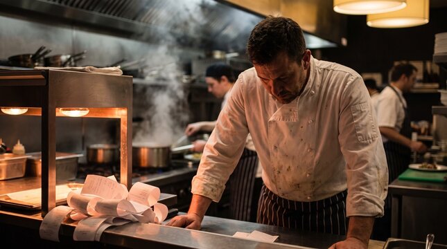A dedicated chef takes a quiet moment amidst the intense pressure and fast-paced environment of a bustling professional restaurant kitchen during a busy service