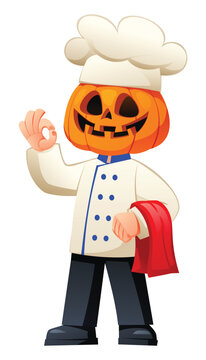 Pumpkin head chef showing ok hand gesture with towel ready to serve delicious food. Vector cartoon character illustration