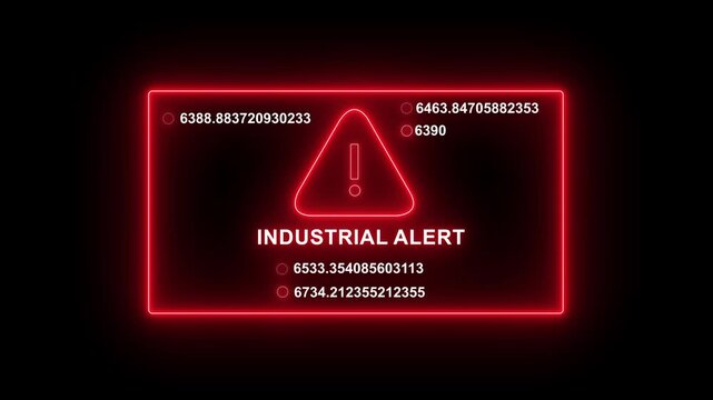 Neon red industrial alert warning sign with dynamic digital data stream and rapidly changing numerical values for high-tech manufacturing monitoring systems and cybersecurity emergency notification