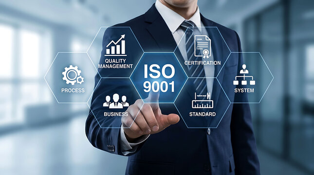Businessman pressing ISO 9001 quality management system certification button