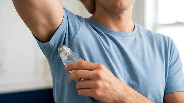 Young man applying roll-on deodorant underarm for freshness and personal hygiene