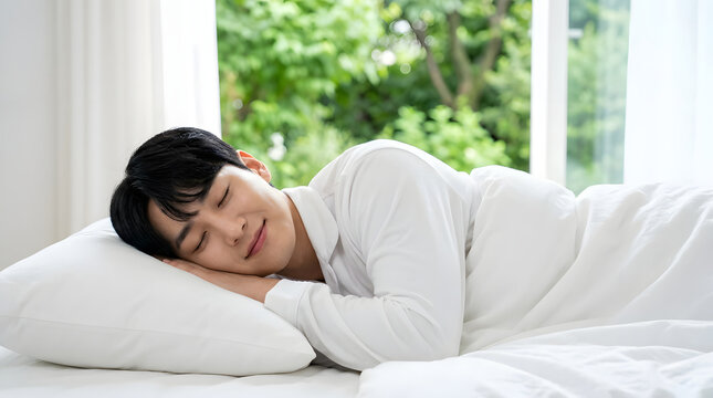 A young man sleeping soundly on a comfortable bed, with sunlight streaming in from a window and lush green trees visible outside. His face shows a peaceful expression.