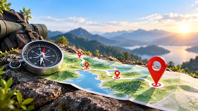 Compass and map with red location pins on a mountain peak representing outdoor navigation and travel exploration