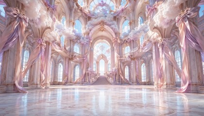Obraz premium Dreamy pink fantasy palace hall with ribbons and clouds