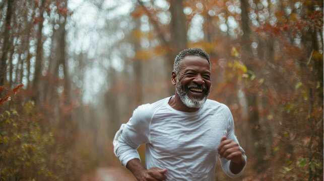 Smiling man jogs on an autumn trail, leaves rustling and trees blurred behind