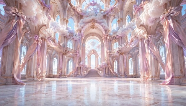 Dreamy pink fantasy palace hall with ribbons and clouds