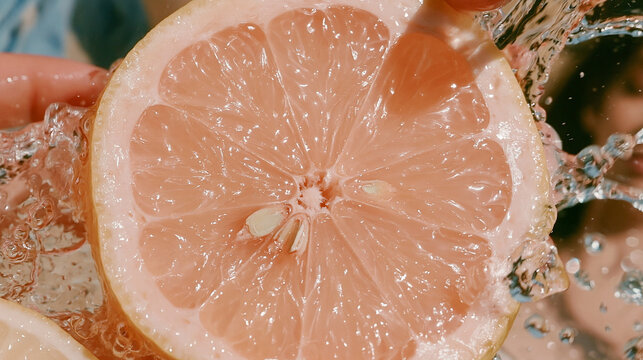 Fresh grapefruit slice being splashed with clear water against a bright background