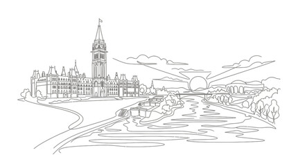 Obraz premium Minimalist Line Art Vector Illustration of a City Skyline by a River