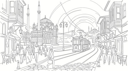 Fototapeta premium Line Art Illustration of Historic City Street with Tram