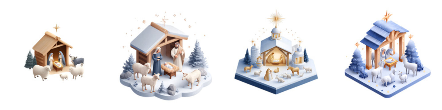 Isometric Nativity Scene Collection - Traditional Christmas Illustration
