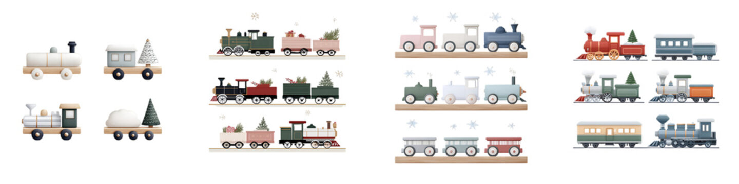 Christmas Toy Train Set Collection Isolated on White Background