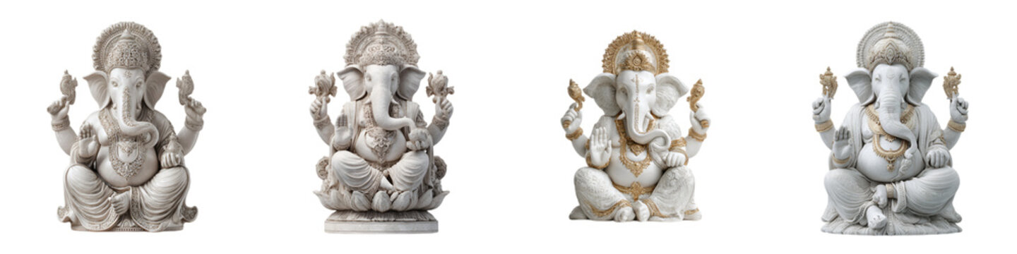 Four Hindu God Ganesha Statues Isolated on White