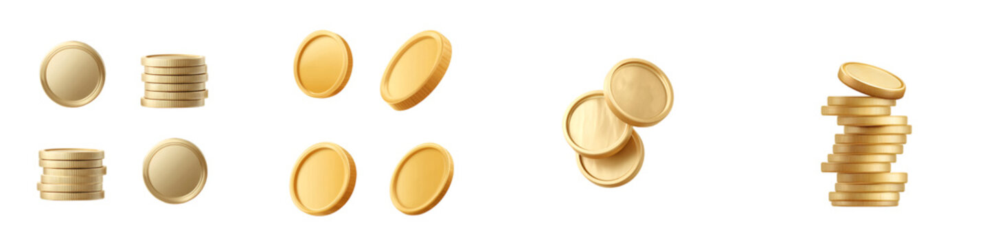 Gold Coin Stacks and Single Coins Isolated on White