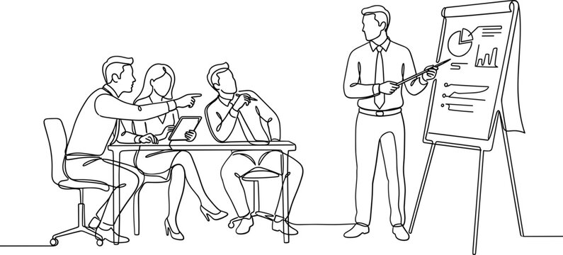 A black and white line art illustration of business people attending a meeting or presentation.