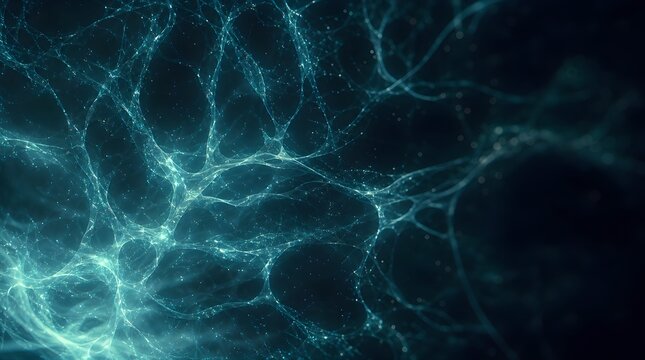 Glowing microscopic neural pathways and organic energy field, teal and blue abstract background