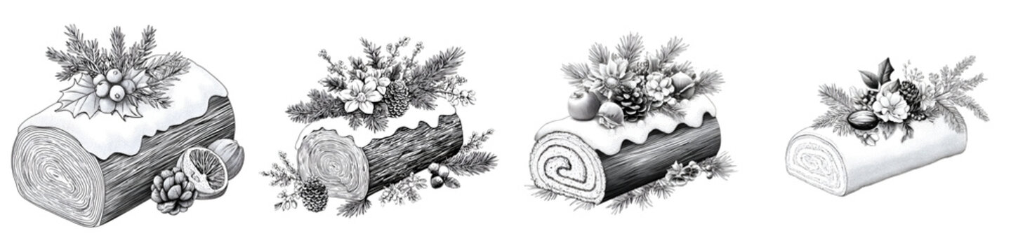 Collection of Yule Log Cakes on White
