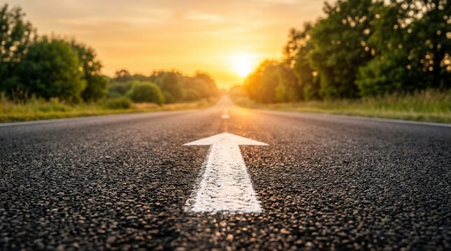 Asphalt road with a white arrow pointing towards a bright sunset.