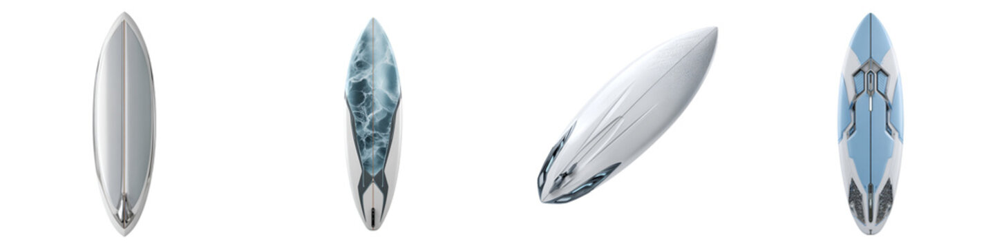 Modern Surfboard Designs: Minimalist Shapes and Stylish Patterns on White Background