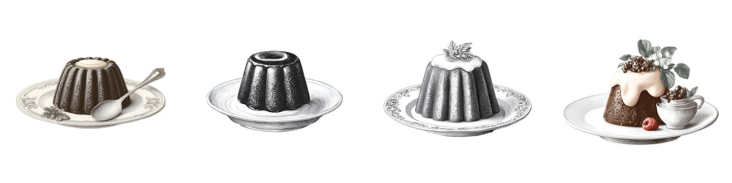 Vintage Pudding Desserts: Hand-Drawn Illustrations on Plates with Toppings
