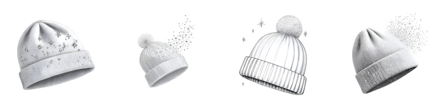 White Knit Hat Illustration: Sparkling Snowflakes and Detailed Design on White