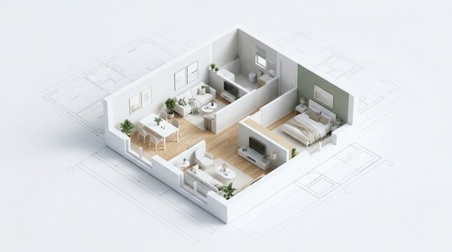 Modern building plan featuring a small apartment layout with interior design.