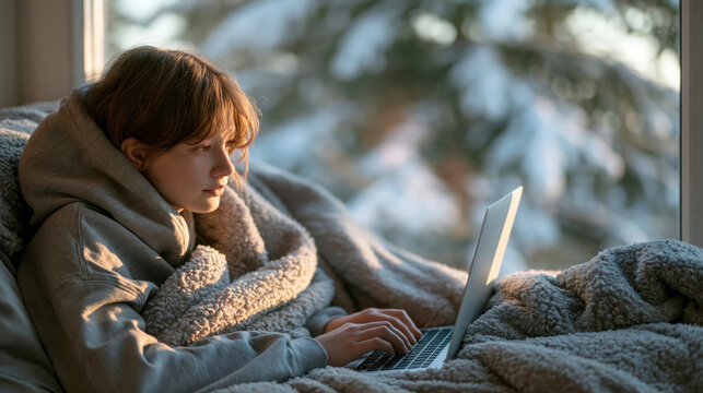 Young person wrapped in warm blanket using laptop near window in winter light