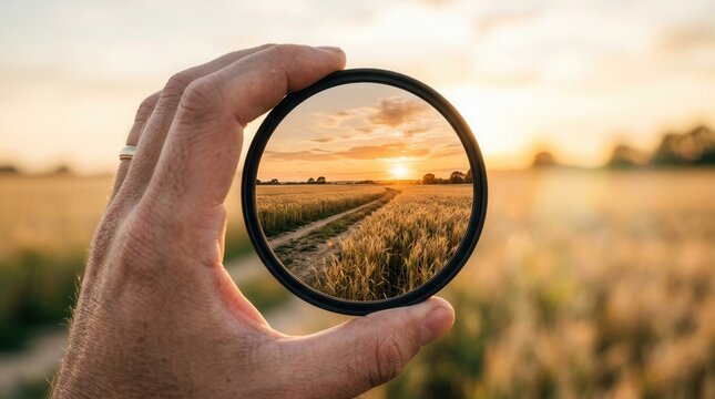 A hand holding a camera lens framing a pathway through a golden wheat field at sunset.
