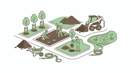 Fototapeta premium Modern Isometric of Landscaping and Gardening with Workers Tools and Machinery in Green and Brown