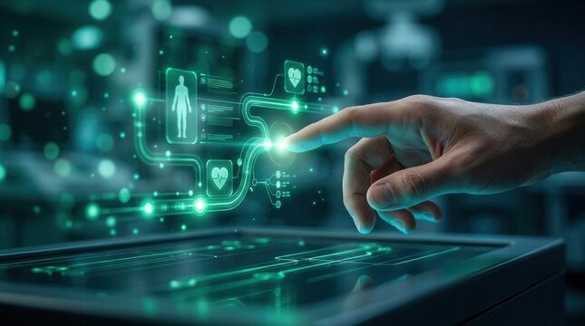 A hand touches a glowing digital screen displaying a medical pathway with human icons and health symbols.