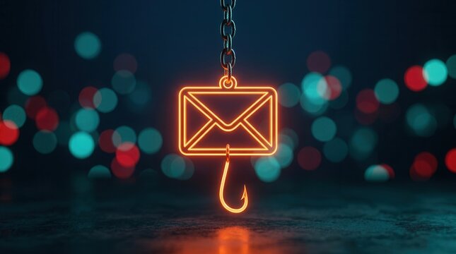Neon email icon hanging from a chain with a fishing hook representing phishing scams.
