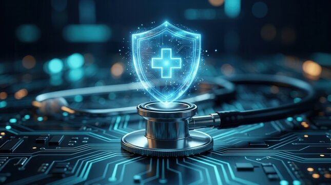 Stethoscope with a glowing medical shield on a dark tech background for cybersecurity.