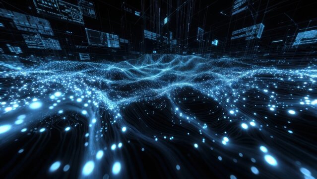 A digital landscape of glowing blue data waves creates a futuristic atmosphere filled with glowing dots and flowing lines