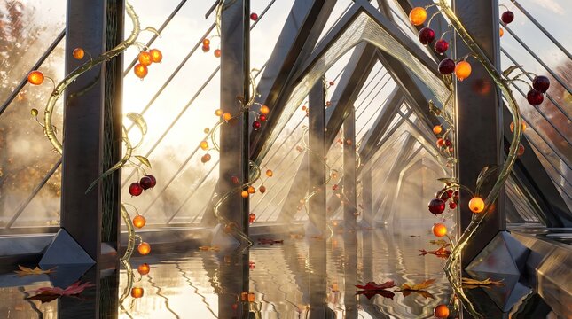 A beautiful rustic wooden archway decorated with warm fairy lights to celebrate a happy thanksgiving day with family