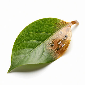 Macro Studio Shot of Green Botanical Leaf Integrated with Flexible Microchip Circuit Board