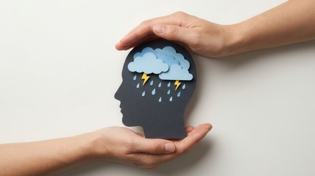 Hands protecting a silhouette of a head with stormy weather inside for mental health concept.