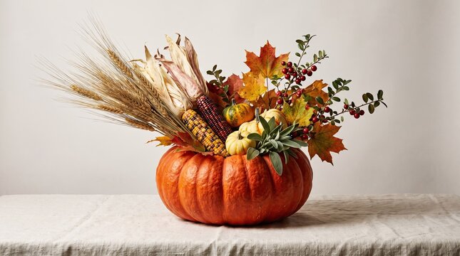 A beautiful rustic pumpkin centerpiece filled with autumn leaves and wheat for a happy thanksgiving day celebration at home