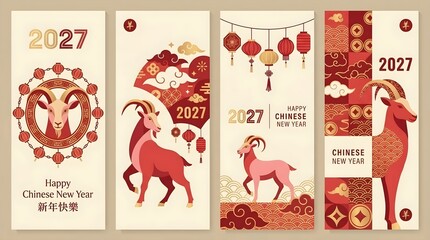 Fototapeta premium Set of 2027 Happy Chinese New Year vertical banners for Year of the Goat, featuring traditional lunar decorations, red lanterns, oriental clouds, and artistic goat illustrations in gold and red.