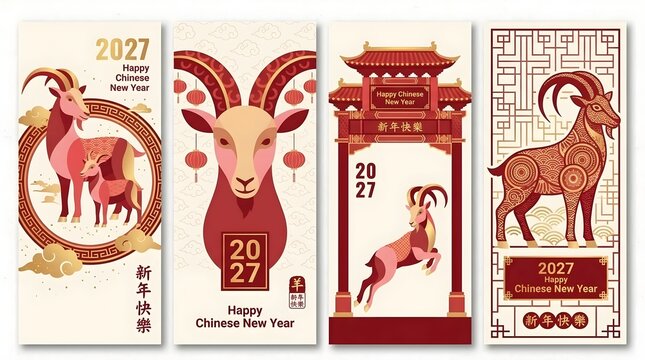 Set of vertical banners for 2027 Chinese New Year featuring the Year of the Goat zodiac. Includes traditional ornaments, red lanterns, oriental gates, and festive calligraphy on cream backgrounds.