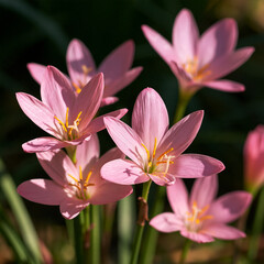 Fototapeta premium Group of pink rain lilies blooming in natural garden light with blooming flowers