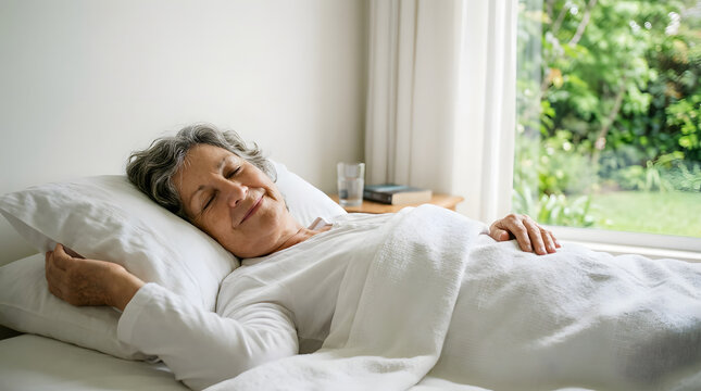 An elderly woman peacefully sleeping in a comfortable bed, bathed in the soft light of a sunlit room. Her face is serene, conveying a sense of calm and rest.
