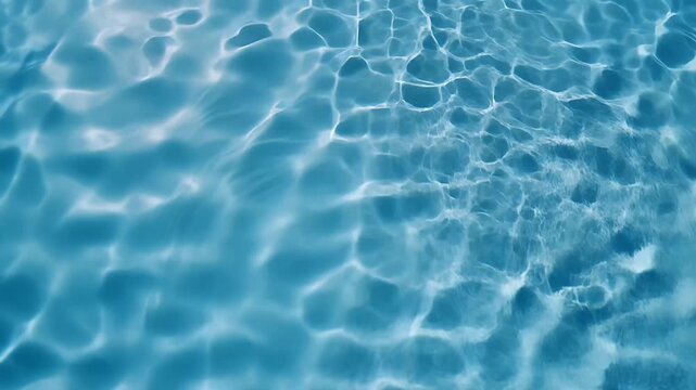 Sunlight reflections creating caustic patterns on the bottom of a clear blue swimming pool.