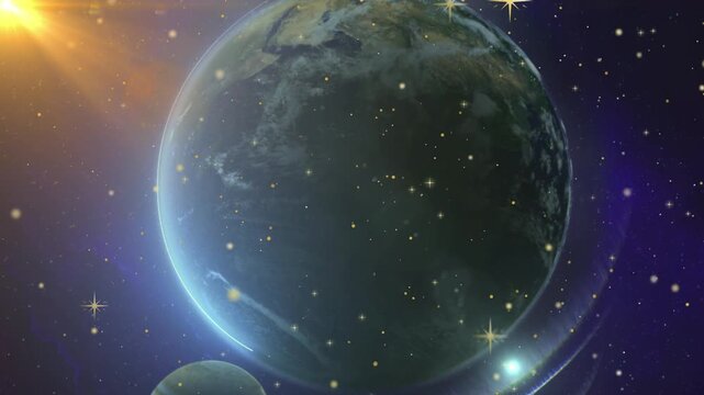 Cinematic space planet intro with glowing text placeholder with video majestic planet rotating against starry background lens flares metallic text placeholders