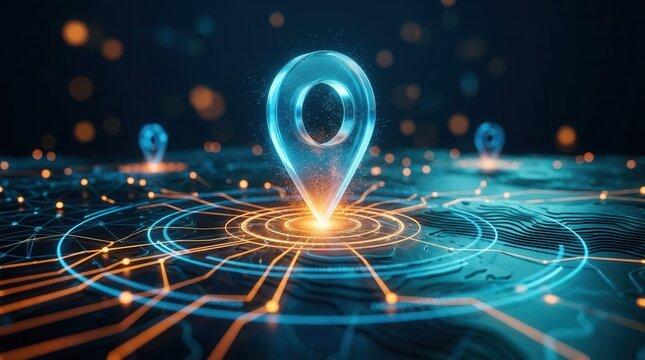 Futuristic digital map featuring glowing blue location pins and network connection lines.