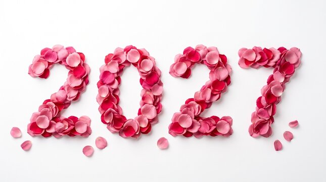 Floral numbers 2027 formed with delicate pink and red rose petals against a clean white background