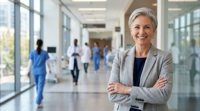 Confident mature woman in a grey suit smiling in a hospital hallway.