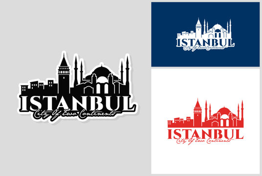 Istanbul city of two continents skyline vector logo with Galata tower and Hagia Sophia mosque.