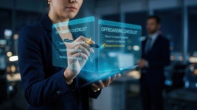 HR manager using a pen to complete a holographic offboarding checklist for an employee.