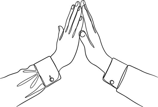 Continuous line drawing of two hands clapping high five together.