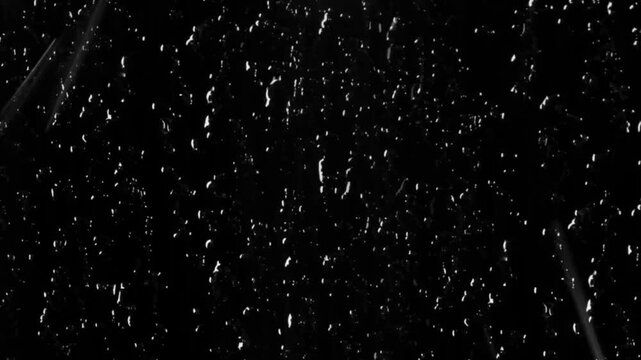 Rising clear bubbles and fine particles floating upward on dark background with captures transparent bubbles